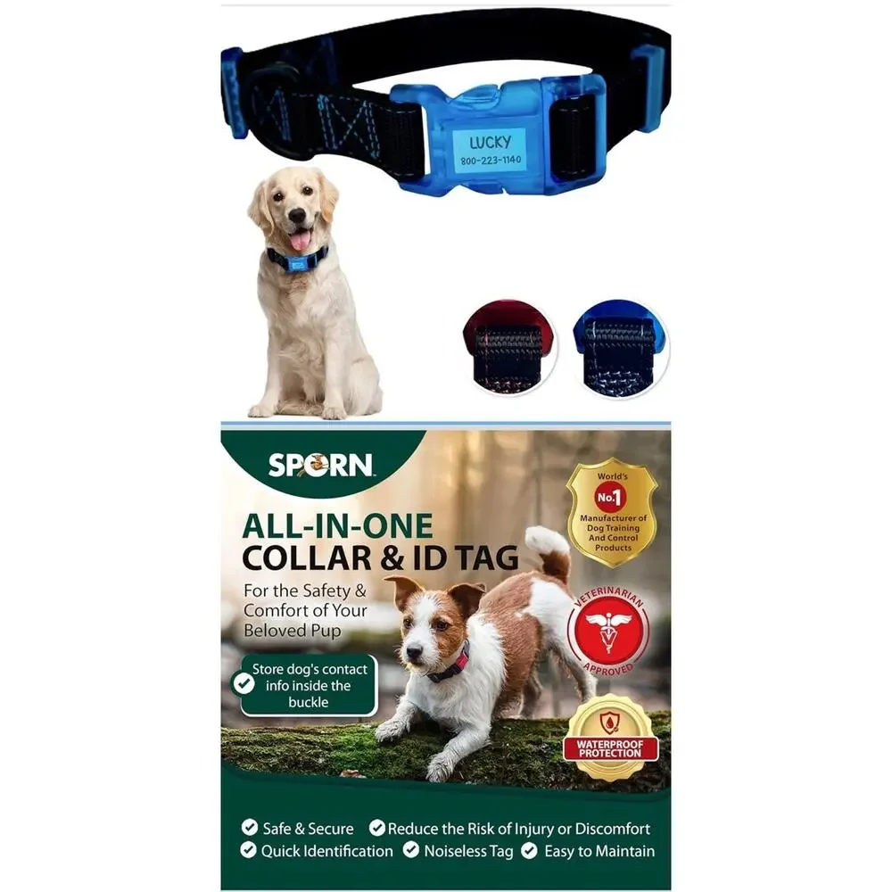 Sporn Dog ID Collar Small All In One Black Blu Waterproof Adjustable Neck 8-13”